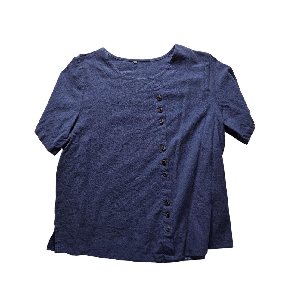 Womens Navy Blue Textured Short Sleeve Button Front Blouse Top XXL